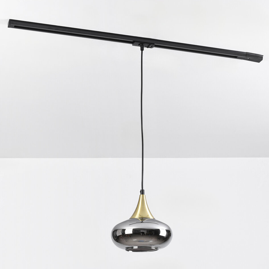 1-fase rail hanglamp Nill goud met smoke glas en spiegeleffect - breed glas
