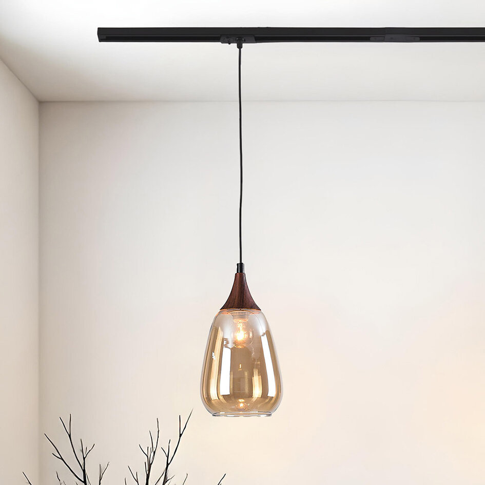 1-fase rail hanglamp Noi met amber glas en donkere houtoptiek - druppel