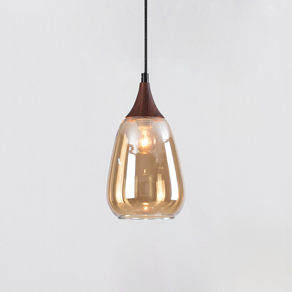 1-fase rail hanglamp Noi met amber glas en donkere houtoptiek - druppel