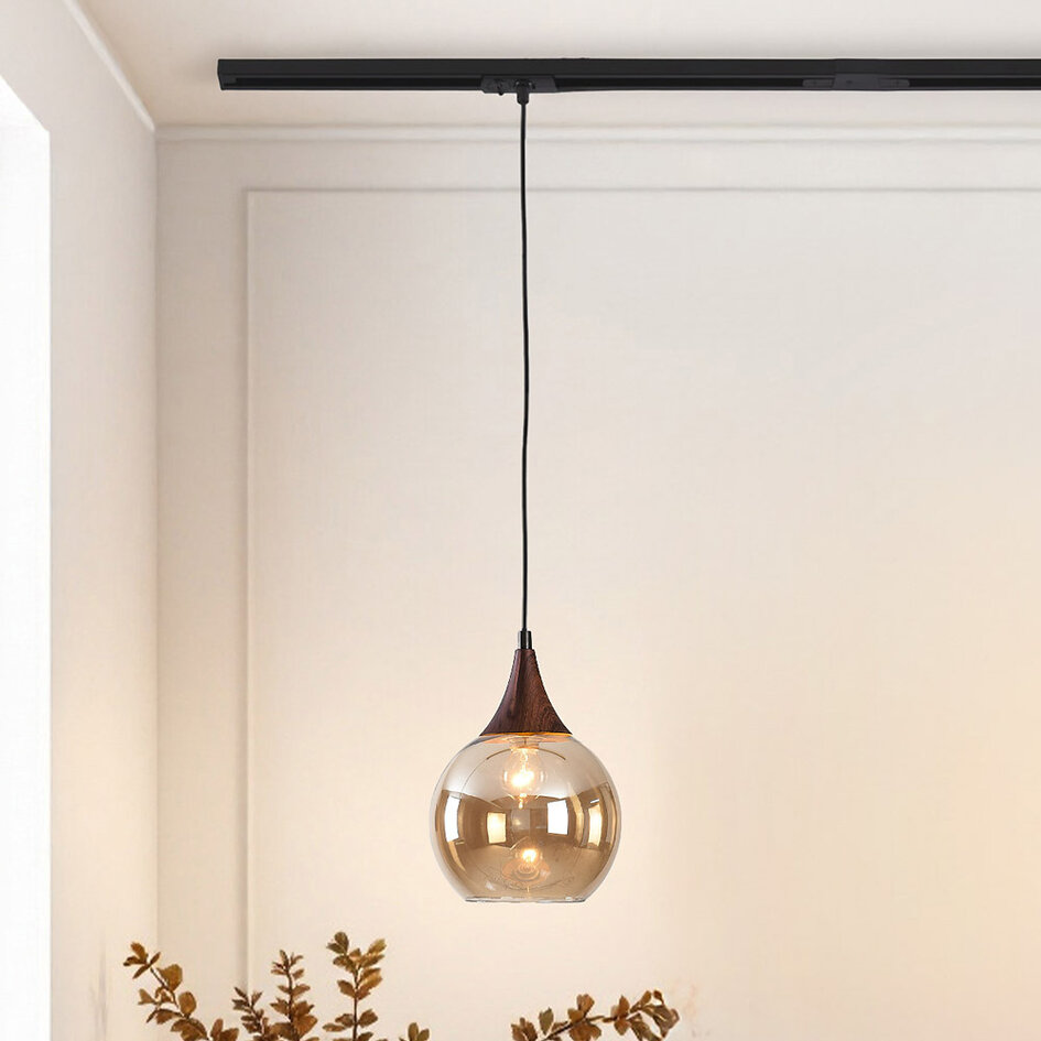 1-fase rail hanglamp Nya met amber glas en donkere houtoptiek - rond