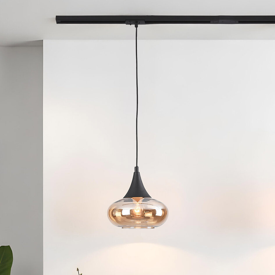 1-fase rail hanglamp Nill met amber glas - breed glas