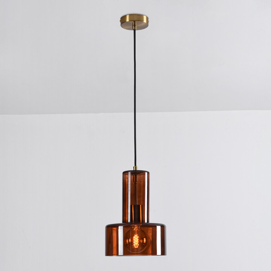 Lampe suspendue Rurka or avec verre brun