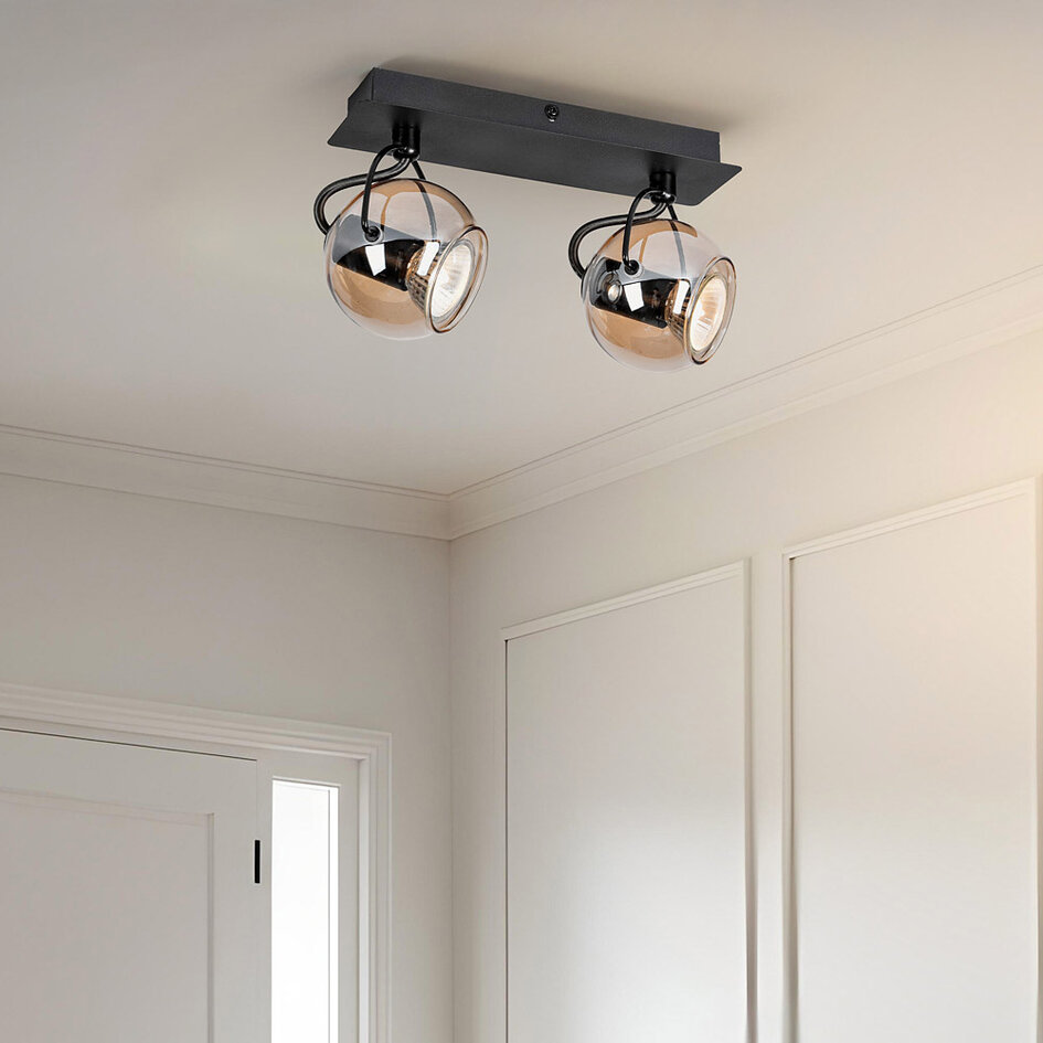 Plafonnier moderne avec verre ambré et 2 spots, noir - Jari