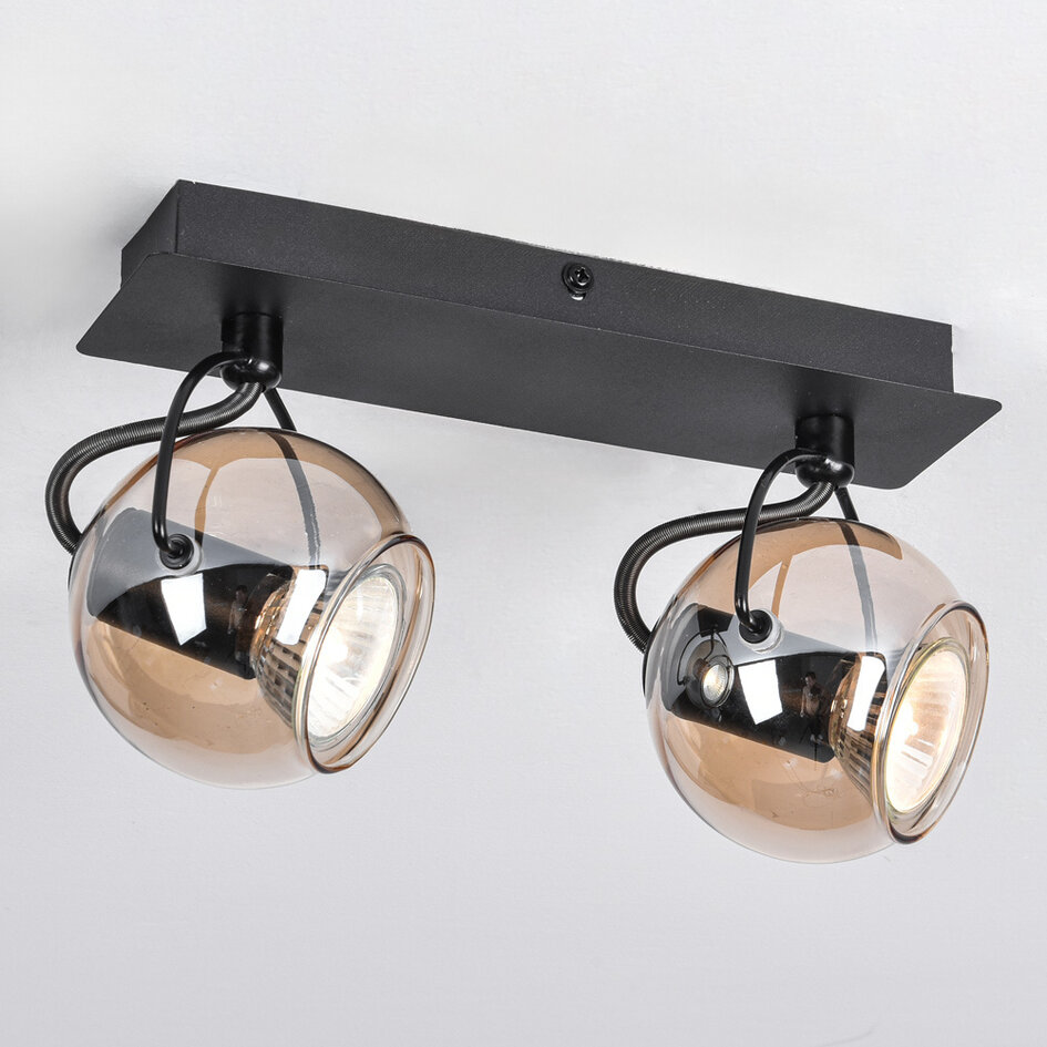 Plafonnier moderne avec verre ambré et 2 spots, noir - Jari