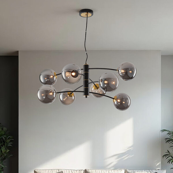 Hanglamp Torino met smoke glas, 8-lichts - zwart