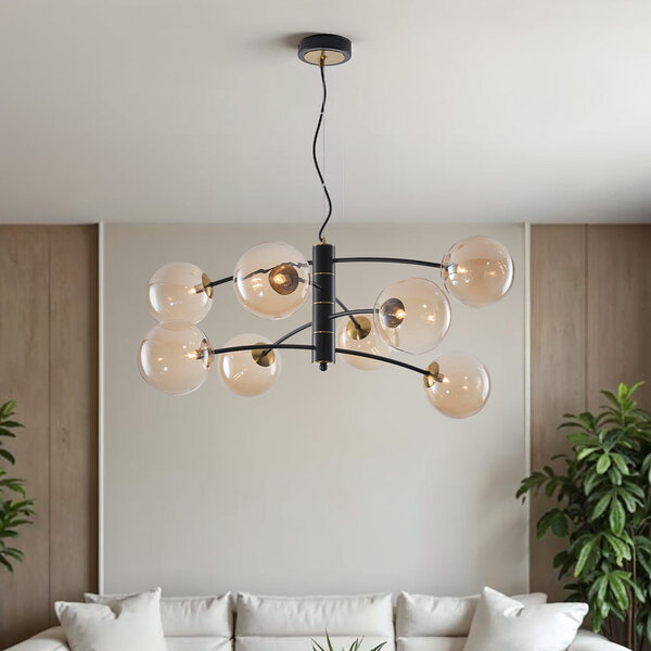 Zwarte hanglamp Torino met amber glas, 8-lichts