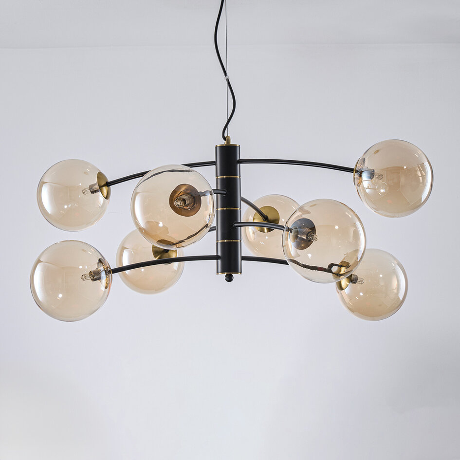 Zwarte hanglamp Torino met amber glas, 8-lichts