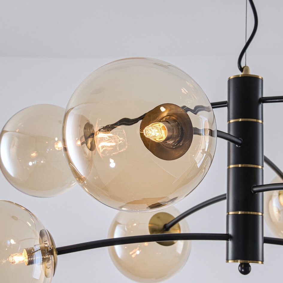 Zwarte hanglamp Torino met amber glas, 8-lichts