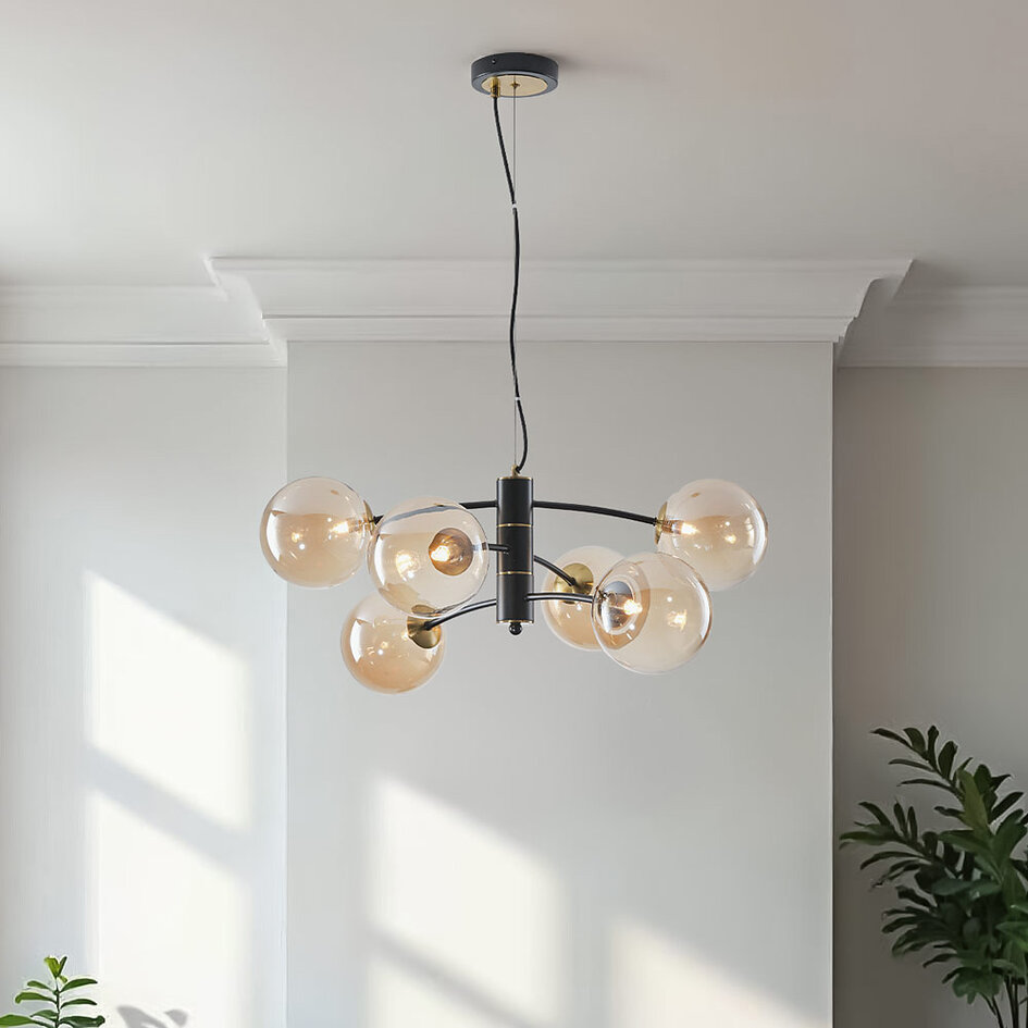 Lampe suspendue Murano en verre ambré, 6 lumières - noir