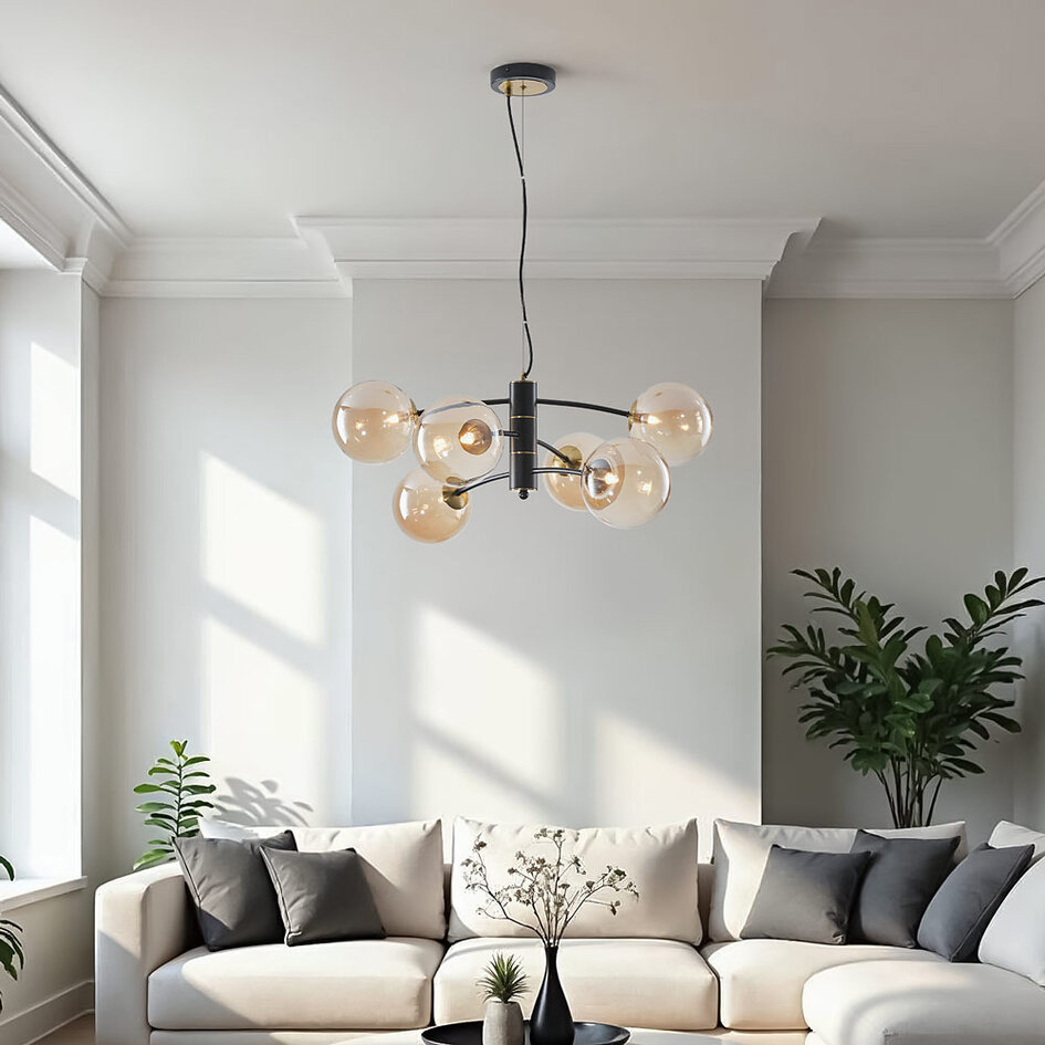 Hanglamp Murano met amber glas, 6-lichts - zwart