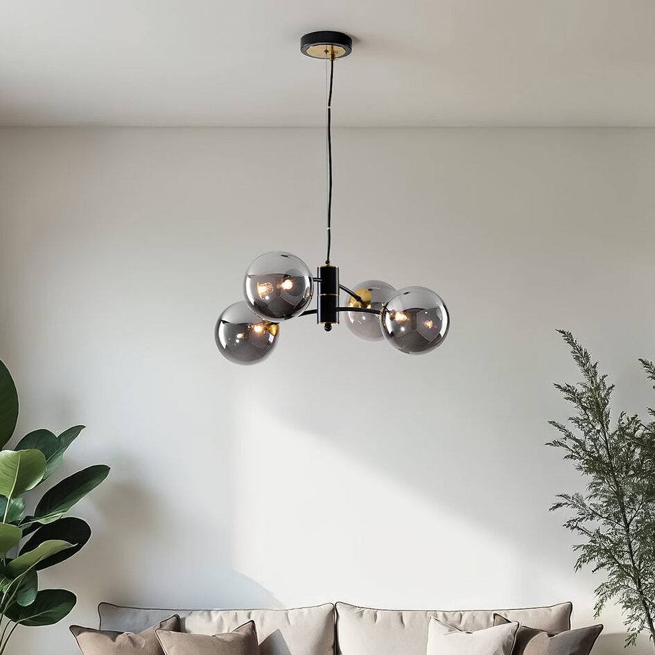 Lampe suspendue Firenze avec verre fumé, 4 lumières - noir
