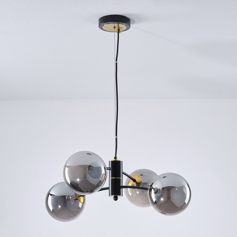 Lampe suspendue Firenze avec verre fumé, 4 lumières - noir