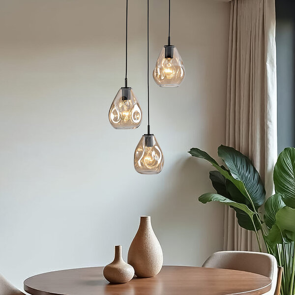 Lampe suspendue design noire avec verre ambré, 3 lumières - Lainas