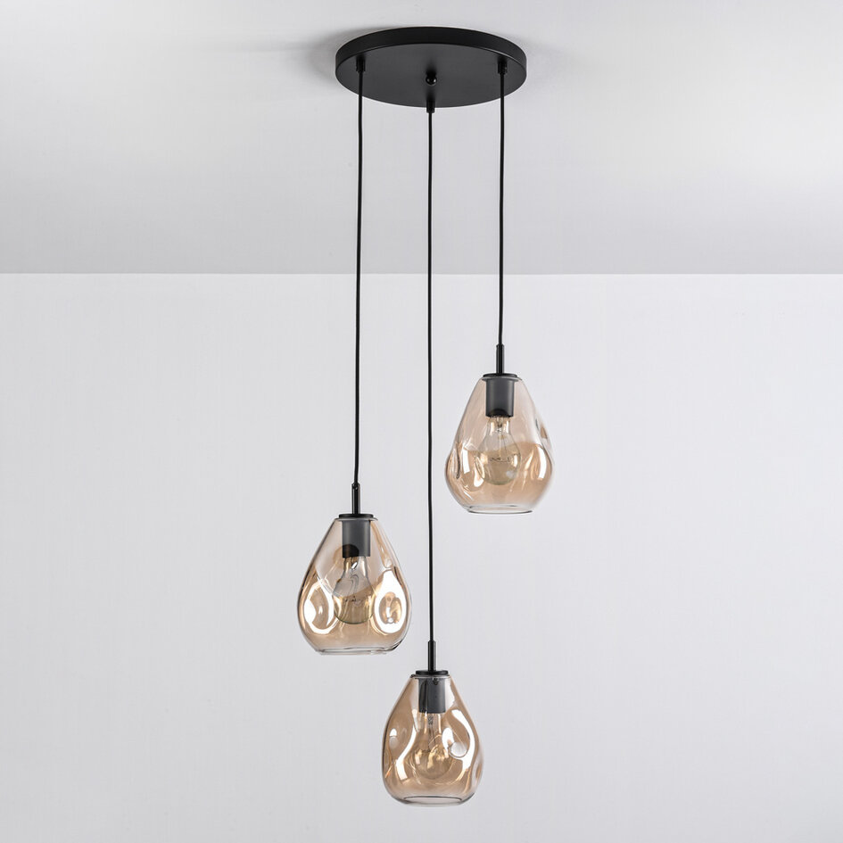 Lampe suspendue design noire avec verre ambré, 3 lumières - Lainas