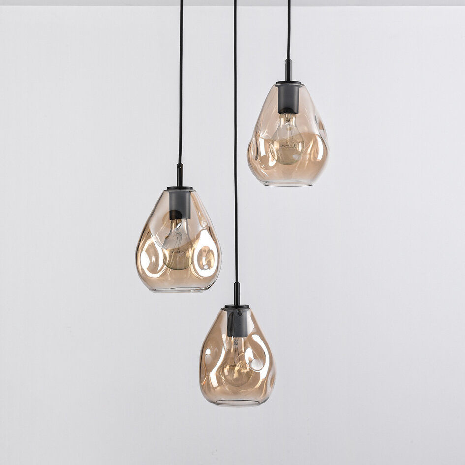 Design zwarte hanglamp met amber glas, 3-lichts - Lainas