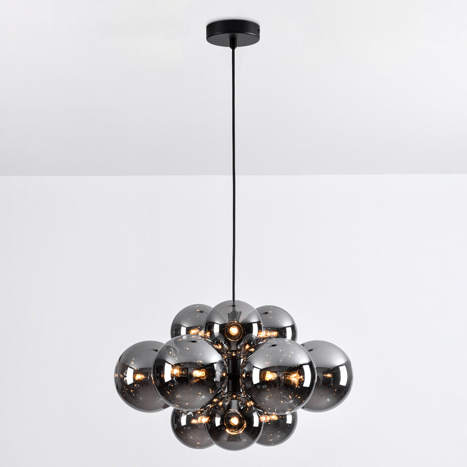 Lampe suspendue design noire avec verre fumé, 12 lumières - Decadi