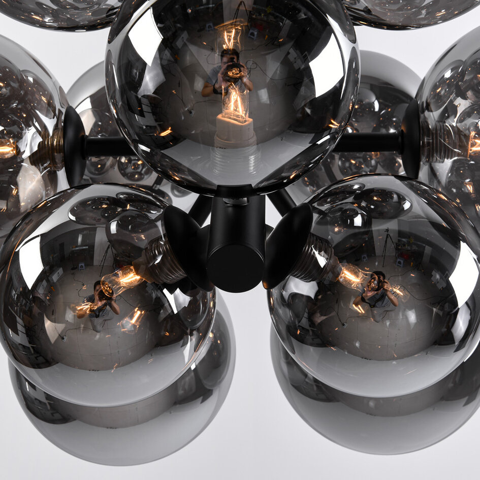 12-lichts hanglamp Decadi - zwart en smoke glas