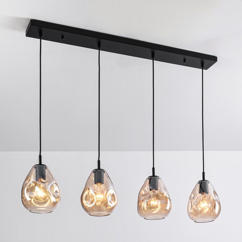 Moderne glazen hanglamp zwart met amber glas, 4-lichts - Faliste