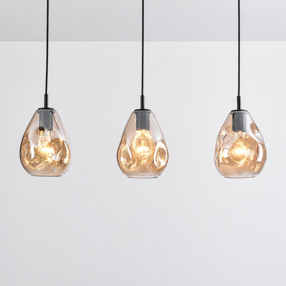 3-lichts hanglamp Faliste - zwart en amber glas