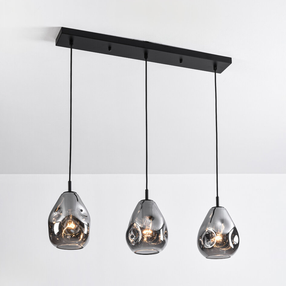 Lampe suspendue design 3 lumières noire avec verre fumé - Faliste
