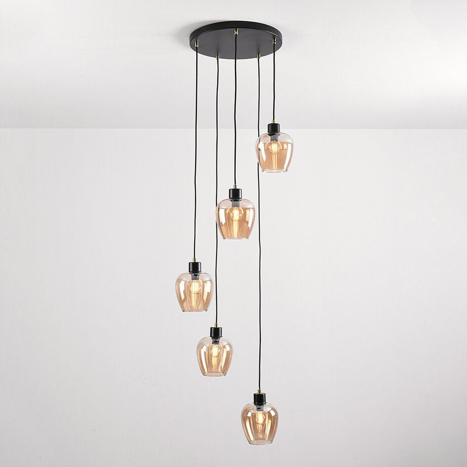 5-lichts hanglamp Glendale - amber glas