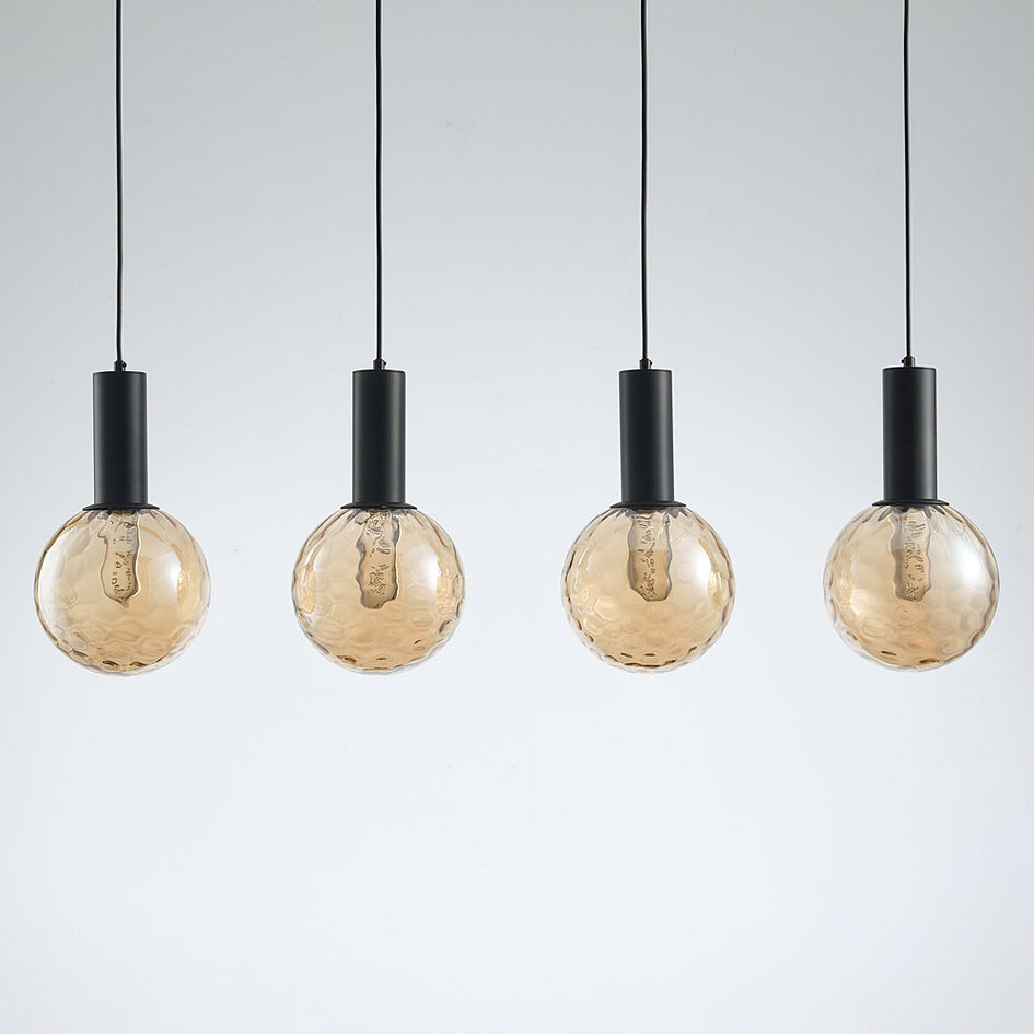 Lampe suspendue noire à 4 lumières avec verre ambré - Anglia