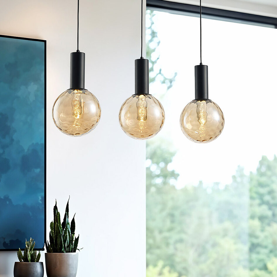 Lampe suspendue à 3 lumières noire avec verre ambré - Anglina