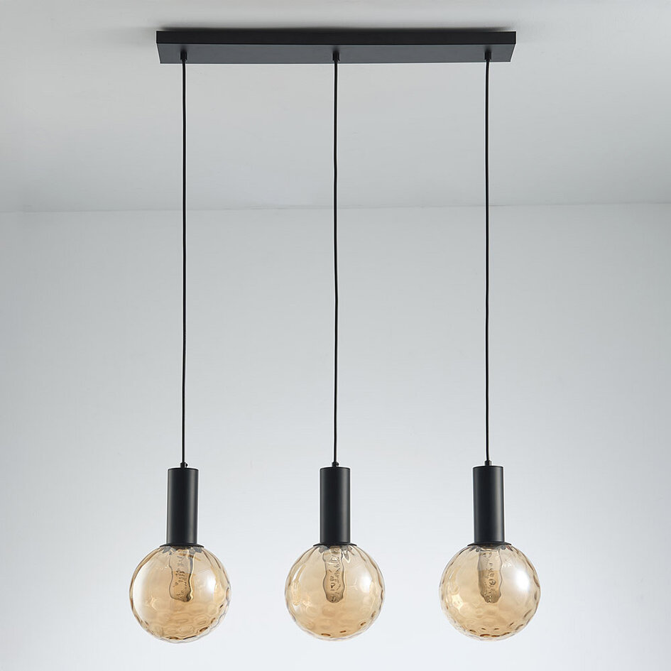 Lampe suspendue à 3 lumières noire avec verre ambré - Anglina