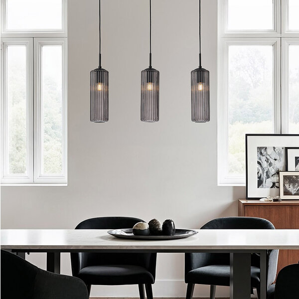 Retro hanglamp zwart met geribbeld rookglas, 3-lichts - Giove