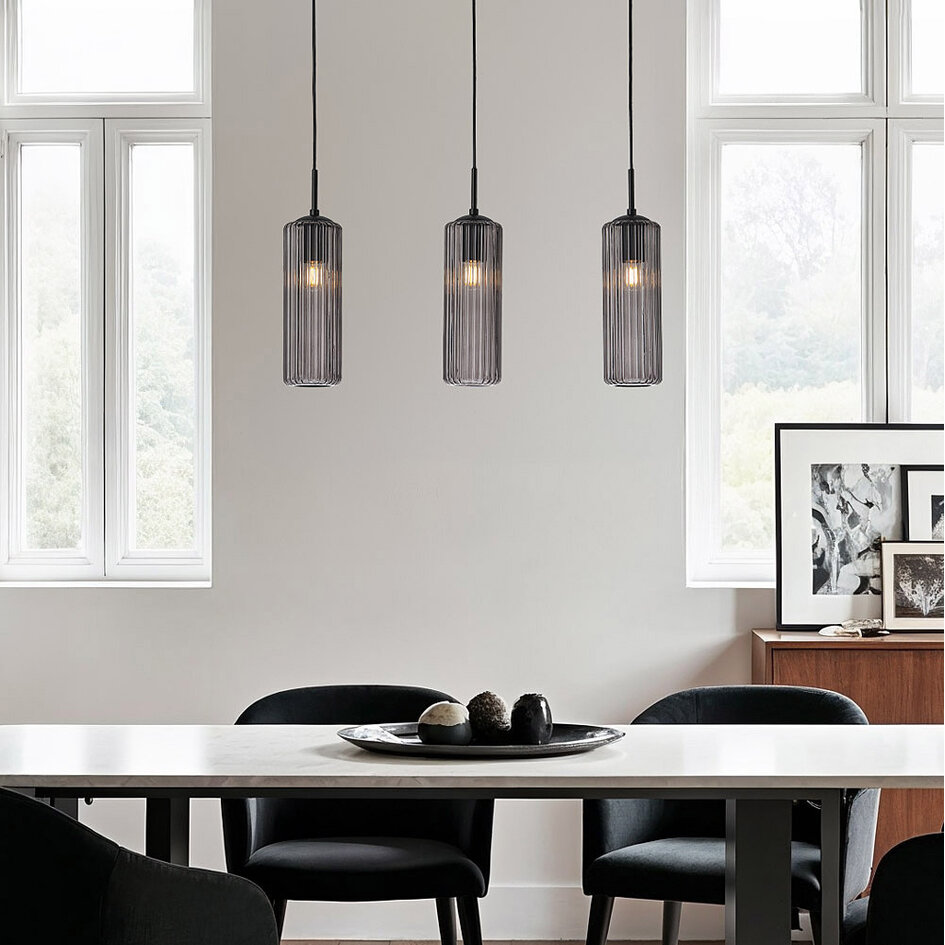 Retro hanglamp zwart met geribbeld rookglas, 3-lichts - Giove