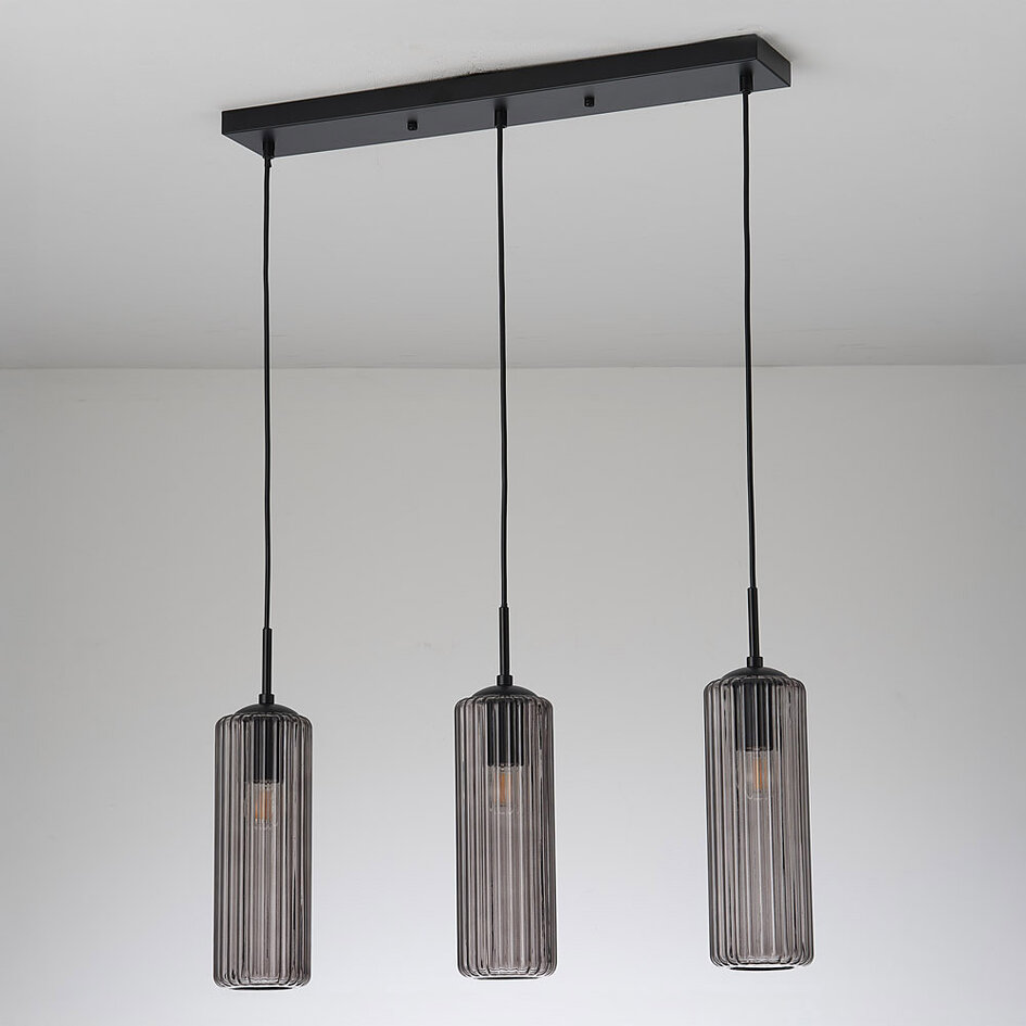 Suspension rétro noire avec verre fumé nervuré, 3 lumières - Giove