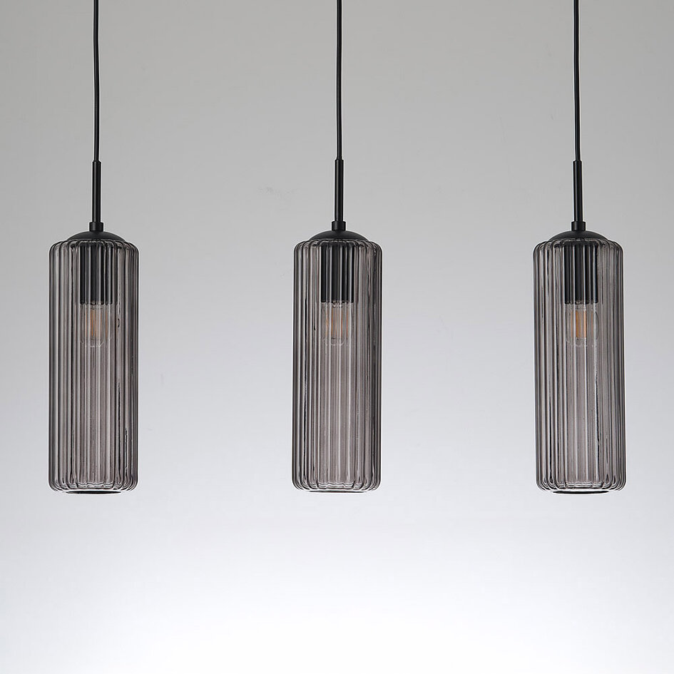 Suspension rétro noire avec verre fumé nervuré, 3 lumières - Giove