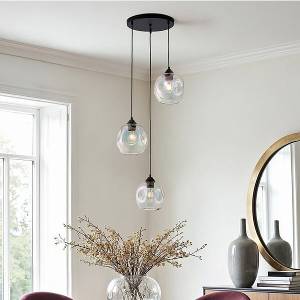 Lampe suspendue design Fajah noir avec verre nacré de forme organique, 3 lumières