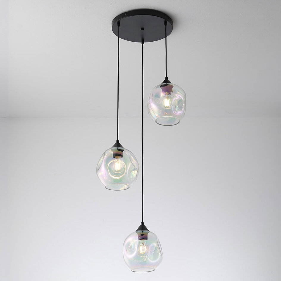 Lampe suspendue design Fajah noir avec verre nacré de forme organique, 3 lumières