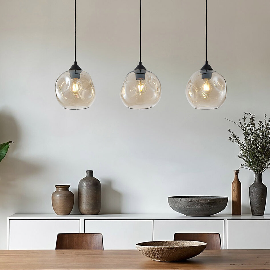 Lampe suspendue moderne à 3 lumières Fayen noir avec verre cognac de forme organique