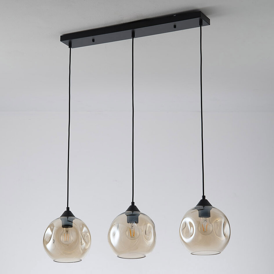 Lampe suspendue moderne à 3 lumières Fayen noir avec verre cognac de forme organique