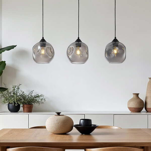 Lampe suspendue à 3 lumières Fayen noir avec verre fumé ondulé