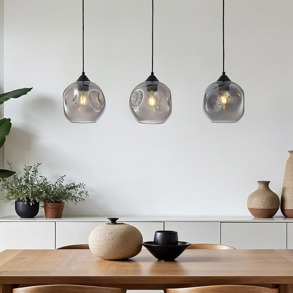 Lampe suspendue à 3 lumières Fayen noir avec verre fumé ondulé