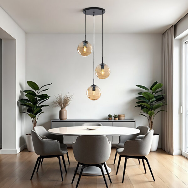Design hanglamp zwart met 3D golvend amber glas, 3-lichts - Eflin