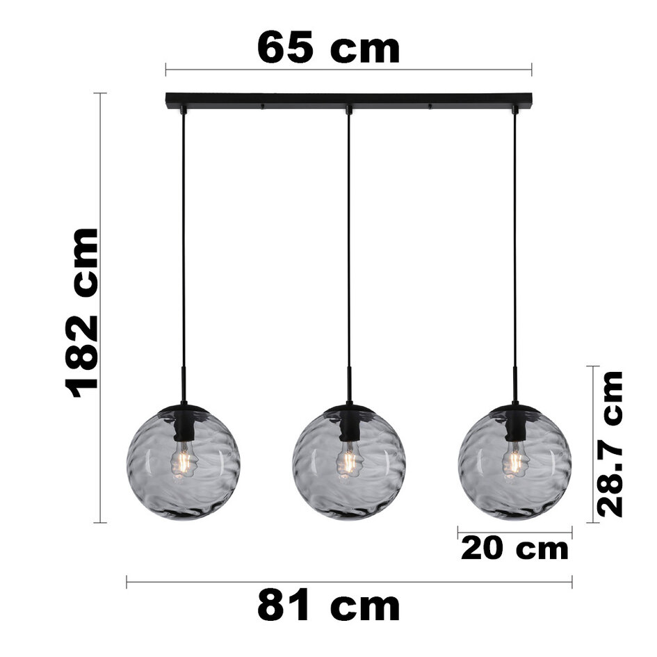 Lampe suspendue moderne noire avec verre fumé ondulé 3D, 3 lumières - Carice