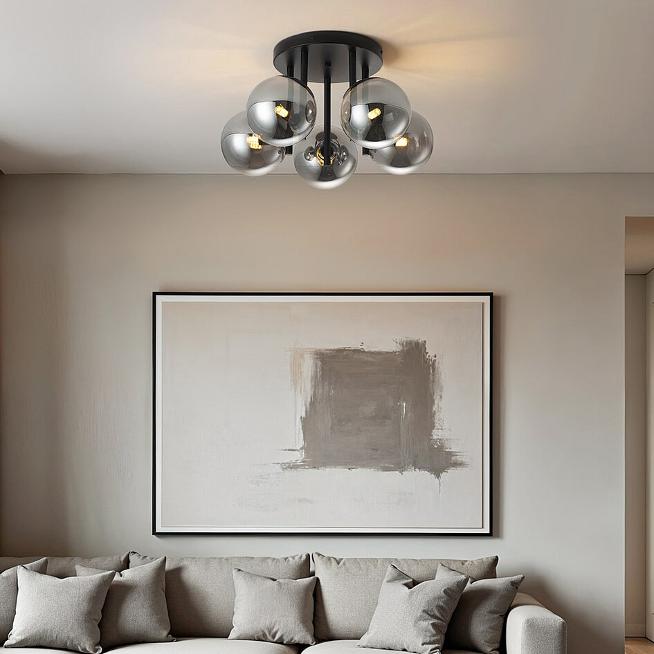 Eigentijdse plafondlamp Amora zwart met smoke glas, 5-lichts