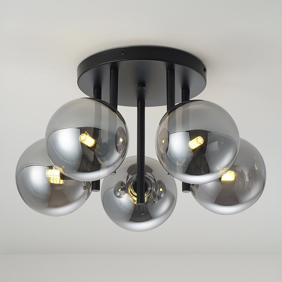Eigentijdse plafondlamp Amora zwart met smoke glas, 5-lichts