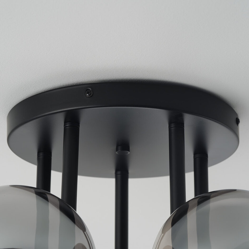 Eigentijdse plafondlamp Amora zwart met smoke glas, 5-lichts