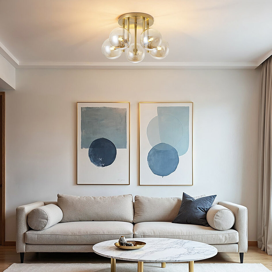 Plafonnier moderne Amora en laiton et verre cognac, 5 lumières