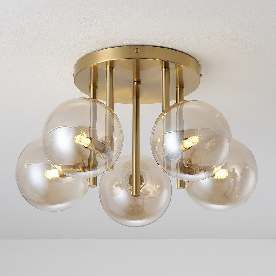 Moderne plafondlamp Amora messing met cognac glas, 5-lichts