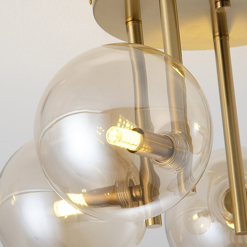 Moderne plafondlamp Amora messing met cognac glas, 5-lichts