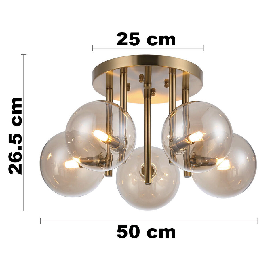 5-lichts plafondlamp Amora - messing en cognac glas