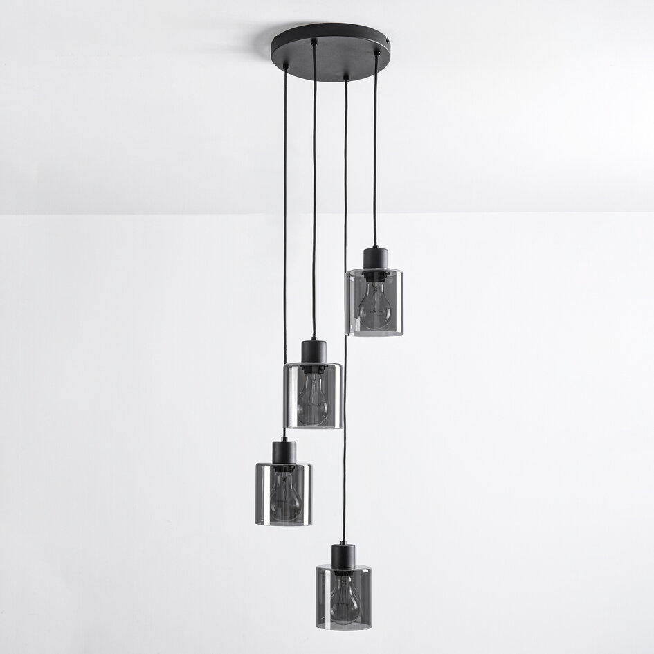 Suspension design Pella, 4 lumières - noir avec verre fumé