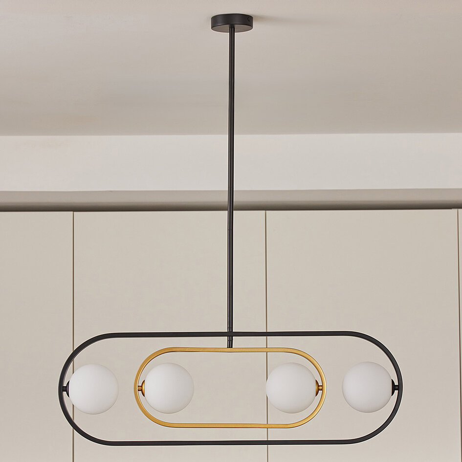 Suspension design à 4 lumières Gaio - noir et or avec verre laiteux