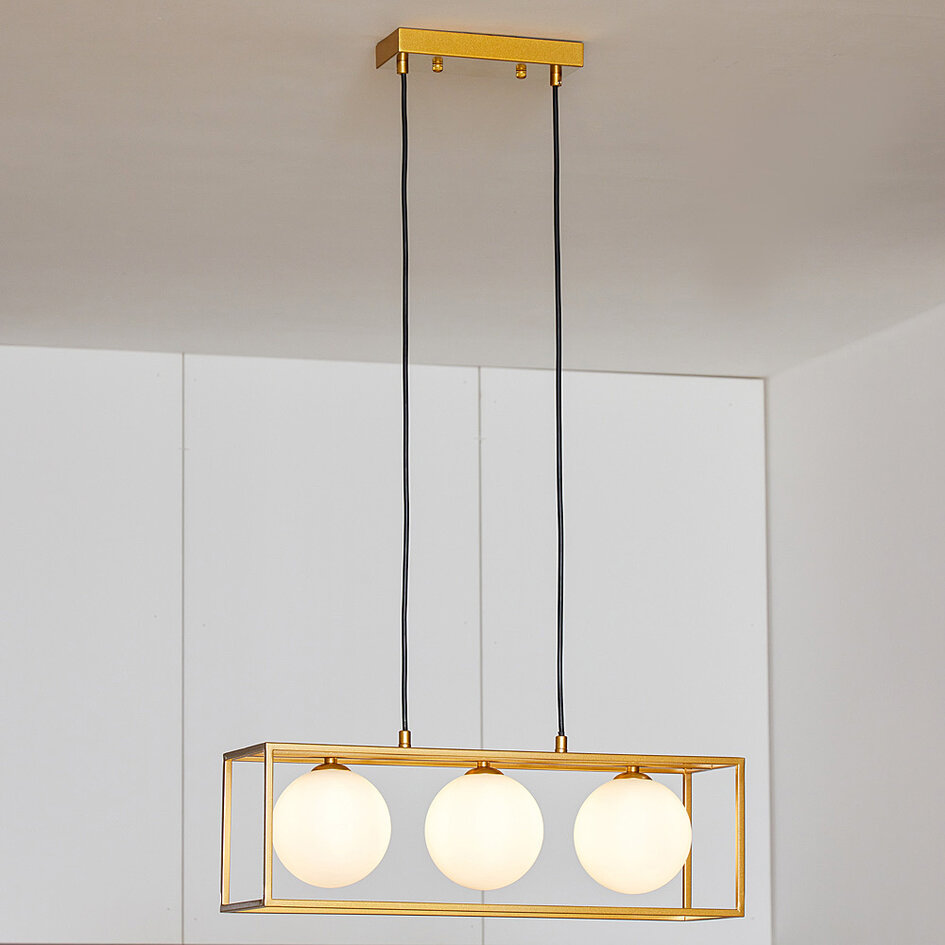 Lampe suspendue avec cadre carré doré et verre blanc laiteux, 3 lumières - Gabia